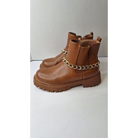 Women's Brown Lugged Sole Chunky Ankle Boots/Booties w/ Gold Chain Sz 10 Grunge - Picture 5 of 11